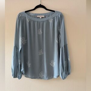 LOFT Pale Blue Floral Boat Neck Puff Sleeve Peasant Top